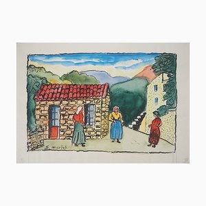 Elisée Maclet, Bretonnes à l'Entrée du Village, Aquarell, Frühes 20. Jh