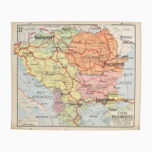 Mapa de pared de los Estados de los Balcanes francés vintage de Vidal Lablache, años 60