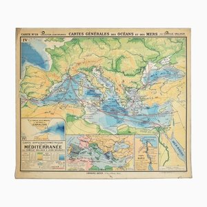 Vintage French Mediterranean Ocean Wall Map by Hatier, 1960s