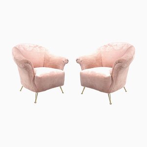 Mid-Century Modern Armchairs in Pink Trimed Faux Fur, Italy, 1950s, Set of 2