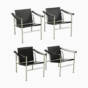 LC1 Black Leather Armchairs b Pierre Jeanneret Charlotte Perriand attributed to Le Corbusier, 1970s, Set of 4