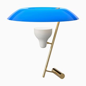 Lampada da tavolo modello 548 in ottone lucidato con diffusore blu di Gino Sarfatti per Astep