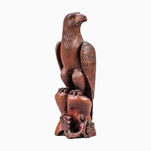 Art Deco Carved Wooden Eagle Sculpture with Glass Eyes, 1960s