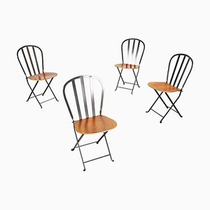 Modern Italian Wood and Black Iron Outdoor Chairs, 1990s, Set of 4