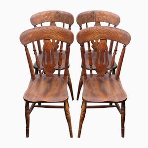 Oak Fiddle Back Kitchen Chairs, 1900s, Set of 4