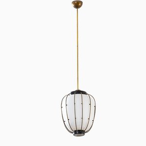 Pendant Light with Brass & Metal Structure and Opaline Glass Diffuser attributed to Angelo Lelli for Stilnovo, 1950s