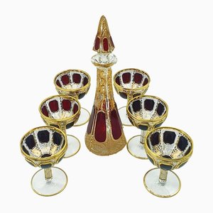 Bohemian Cabochon Champagne Futes with Decanter from Moser, Set of 7