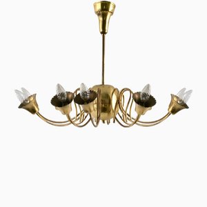 Vintage Round Brass Chandelier with 10 Lights, Italy, 1950s