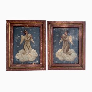 Pinturas al óleo sobre madera, ángeles, siglo XVIII. Juego de 2