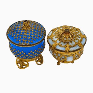 Blue and White Opaline and Golden Brass Palays Royale Boxes, Set of 2