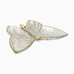 Cenicero en forma de mariposa de vidrio con estampado dorado, años 80