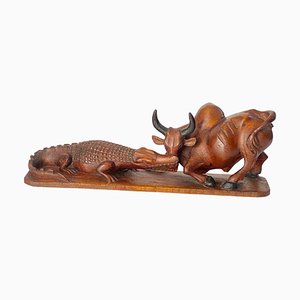 Wood Crocodile and a Bull Fighting Sculpture, France, 1930s