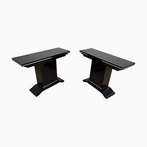 Art Deco Console Tables in Black Lacquer with Metal Trims, France, 1930s, Set of 2