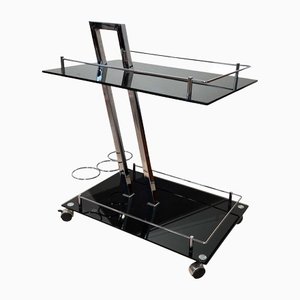 Vintage Serving Trolley or Bar Cart in Black Glass & Chrome, Italy, 1975