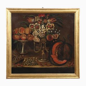 Italienischer Schulkünstler, Stillleben mit Blumen, Obst und Stieglitz, 1700er, Öl auf Leinwand, gerahmt