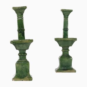 Candlesticks in Green Ceramic, Set of 2