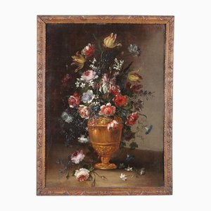 Artiste de l'École Romaine, Nature Morte avec Fleurs, 1700s, Huile sur Toile, Encadrée