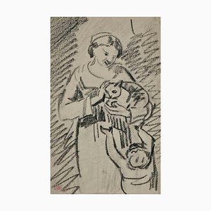 Armand Gautier, mujer, dibujo original al carboncillo, siglo XIX