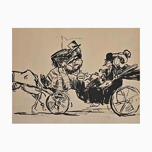 Lucien Métivet, A Couple in a Carriage, Original Marker Drawing, Early 20th Century
