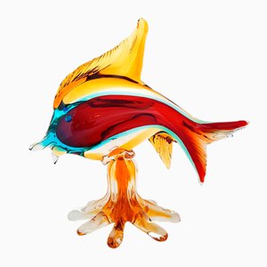 Red and Blue Murano Glass Amber Sommerso Jico Fish Animal Sculpture, 1980s
