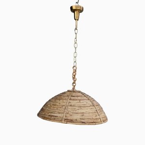 Lámpara colgante italiana redonda de bambú y latón, años 50