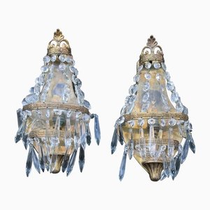 Small French Wall Lamps in Brass and Crystal, 1950s, Set of 2