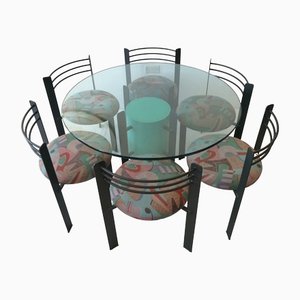 Mesa de comedor posmoderna de acero recubierto de pintura en polvo, contrachapado y vidrio con 6 sillas, años 80. Juego de 7