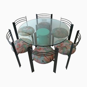 Postmoderner pulverbeschichteter Esstisch aus Stahl, Schichtholz & Glas mit 6 Stühlen, USA, 1980er, 7er Set
