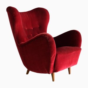 Wingback Red Velvet and Beech Chair by Otto Schulz for Boet, Sweden, 1946