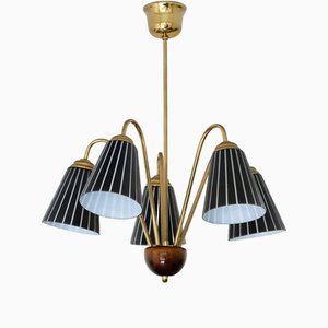 5-Arm Chandelier in Striped Glass and Brass attributed to Nils Landberg for Orrefors, 1940s