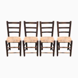 Rustic Chairs with Straw Seats, 1950, Set of 4
