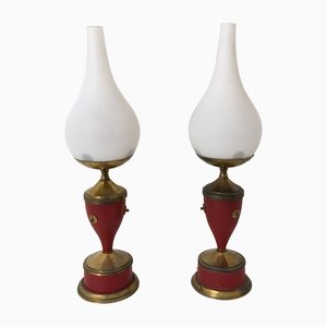 Vintage Red Varnished Metal, Brass and Glass Table Lamps, Italy, 1950s, Set of 2