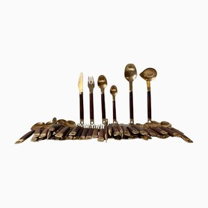 Danish Modern Brass and Teak Cutlery Dinner Set for 12 by Carl Cohr, 1960s, Set of 50