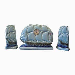 Vintage Mantelpiece and Large Sailboat with Vases in Boat Shape,1920s, Set of 3