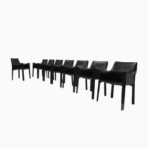 Black Leather Cab 413 Armchairs by Mario Bellini for Cassina, Italy, Set of 8