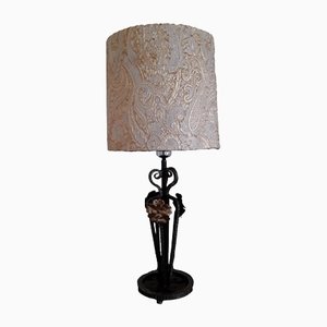Vintage Art Deco Table Lamp with Wrought Iron Foot with Floral Ornamental Parts, 1930s