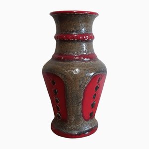Jarrón vintage de cerámica con esmaltado en rojo, marrón y negro, años 70