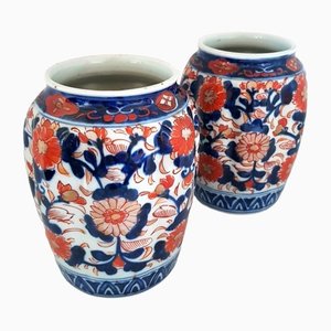 Antique Japanese Hand-Painted Imari Porcelain Vases, Set of 2