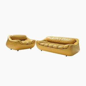 Vintage Carrera Lounge Chair & Sofa in Yellow Leather by Gionathan De Pas, Donato Derbino & Paolo Lomazzi for BBB Bonancina, Italy, Set of 2