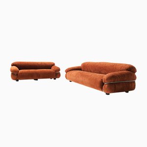 Sofás Sesann vintage de tela naranja de Gianfranco Frattini para Cassina. Juego de 2