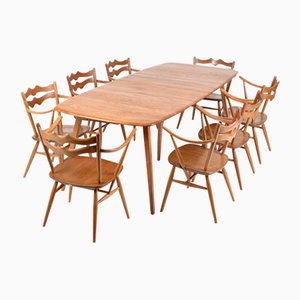 Large 444 Extending Table and Windsor 493 Dining Chairs by Lucian Ercolani for Ercol, 1960s, Set of 9