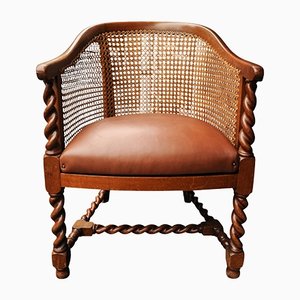 Antique Barley Twist Library Armchair with Brown Leather Upholstered Seat, 1800s