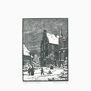 Evertz, Bocholt, Winter at the Town Hall, 1990s, Woodcut