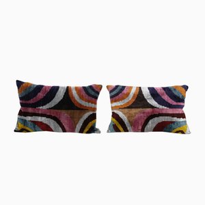 Velvet and Silk Ikat Lumbar Cushion Covers, 2010s, Set of 2