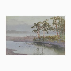 Artista impressionista, Serata in riva al lago, anni '20, acquerello