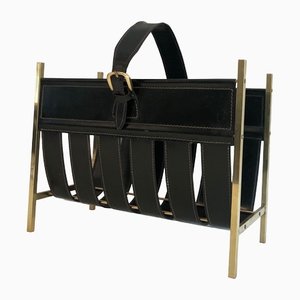 Bag Shape Magazine Rack in Brass and Leather by Jacques Adnet, 1940s