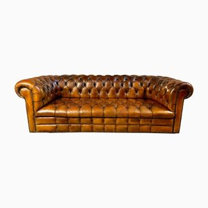 Antique English Victorian Horse Hair & Sprung Coil Leather Chesterfield Sofa, 1900s