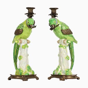 Papagei Kerzenständer aus Porzellan mit Bronze, 2er Set