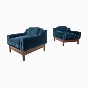 Moderne italienische Mid-Century Sessel aus Holz und blauem Samt, 1960er, 2er Set