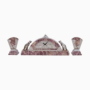 French Art Deco Mantel Clock in Marble with Chromed Bronze Animal Figures, 1930s, Set of 3